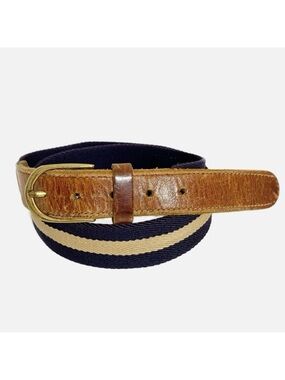 Unbranded Leather and Striped Elastic Webbing Belt Brass Hardware Rounded Buckle